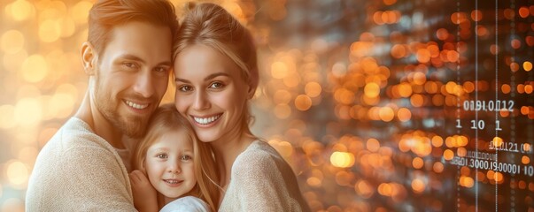 Happy family with bokeh and data overlay