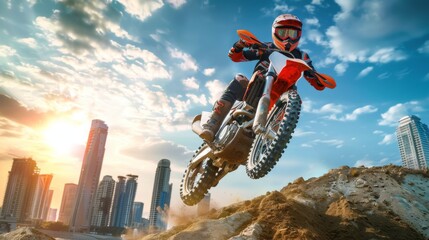 Naklejka premium Motocross Rider Navigating Challenging Obstacle Course in Urban Setting at Sunrise for Adventure Sports Promotion