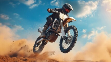 Naklejka premium Motocross Rider Performing a High-Speed Turn on a Dirt Track with Blue Sky Background for Extreme Sports Promotion