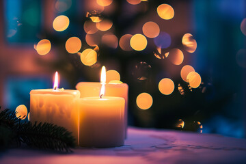lit holiday candles with a soft bokeh effect in the background