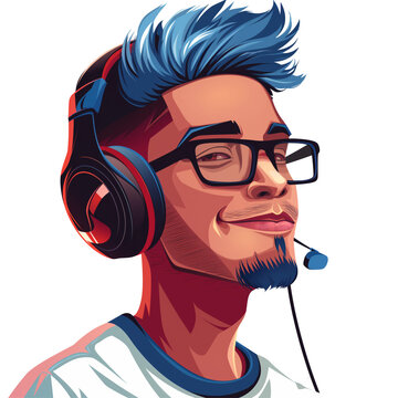 recommend clip art: young latino man with blue hair wearing headphones and glasses . png . clip art . vector cartoon art style . remove background 