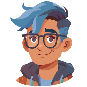 recommend clip art: young latino man with blue hair wearing glasses . png . clip art . vector cartoon art style . remove background 