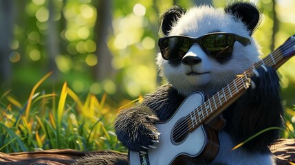 A cute panda is playing the guitar in the forest. He is wearing sunglasses and looks like a rock...