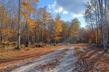 Fototapeta premium Gravel Path Through Colorful Autumn Forest on a Sunny Day
