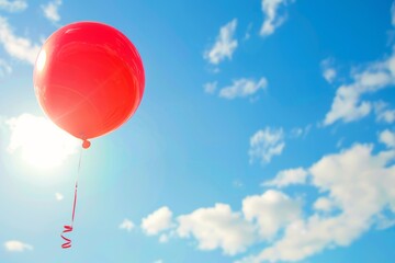 Obraz premium Red Balloon Floating in a Sunny Sky With White Clouds