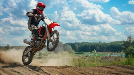 Motocross Rider Performing a Wheelie on Dirt Track for Extreme Sports Promotion