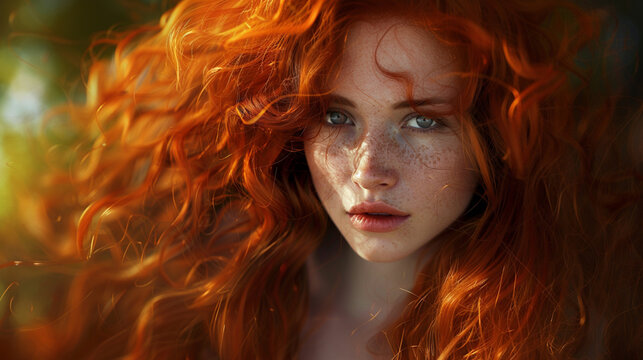 Um bela mulher ruiva de olhos claros olhando para a c&acirc;mera