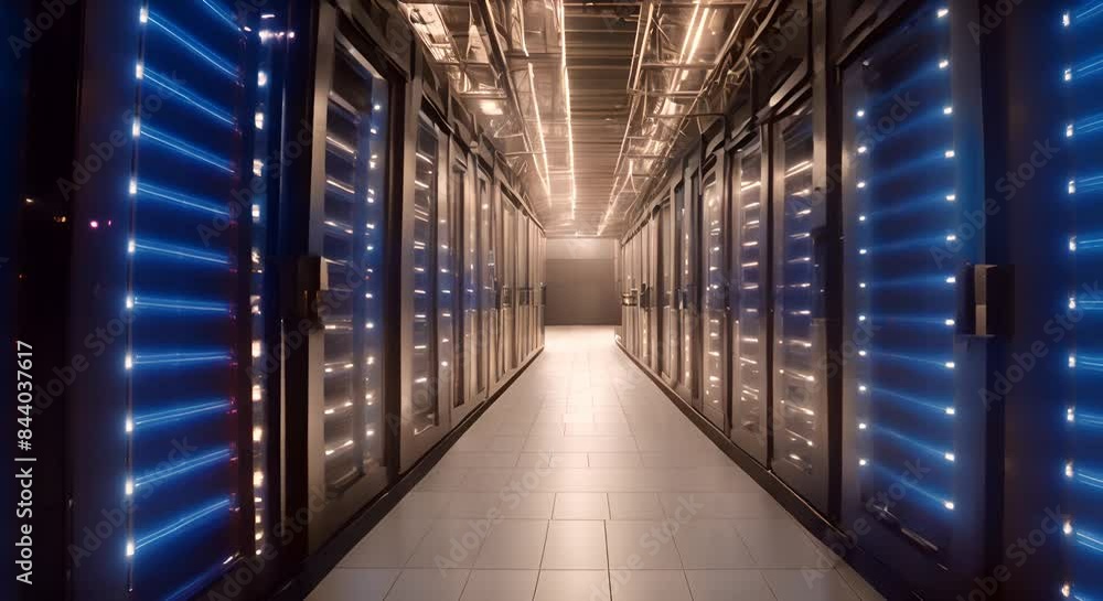 Poster a photo capturing the rows of servers in a data center illuminated in the darkness of the night a fu