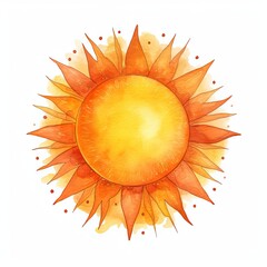 Watercolor Sun, Sun rays, Sunset or Sunrise Hand Drawn Imitation of Watercolor Solar Picture Isolated