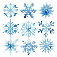 Watercolour Snowflakes Set Isolated, Watercolour Snow Flake Shapes, Aquarel Snow Symbols
