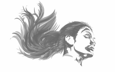 illustration of a woman's face with long hair with a charcoal texture on a white background 