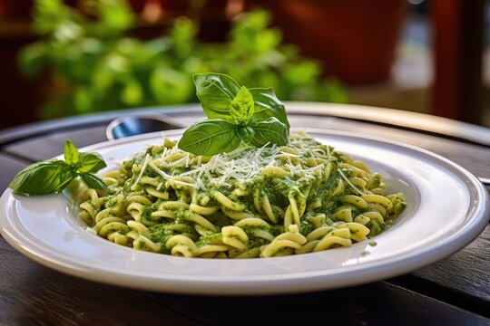 Trofie Al Pesto, Italian Pasta with Pesto Sauce, Traditional Genovese Troffie, Fusilli Pugliesi, Liguria Food