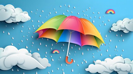 Illustration of a rainbow umbrella with clouds and rain. 