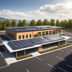 A modern building with solar panels on the roof and electric vehicle charging stations in the parking lot.