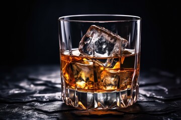 Iced Whiskey Glass on Black Stone Background, Luxury Bourbon with Ice Cubes, Cold Brandy, Whisky