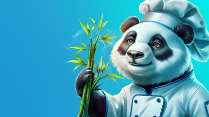 A cute cartoon panda chef is holding a stalk of bamboo. The panda is wearing a white chef's hat and...