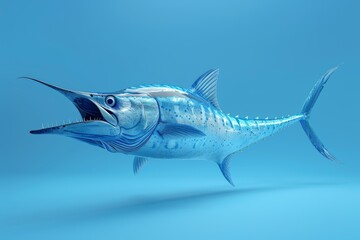 Obraz premium Blue Marlin Fish With Open Mouth Against Blue Background