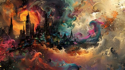 Fototapeta premium digital painting of a city, its fur flowing in dynamic patterns and colors