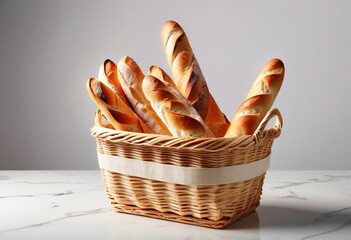 A wooden basket showcasing an assortment of freshly baked French baguettes, their crusty exteriors and soft, airy interiors on display.
