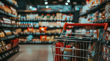 Supermarket shopping cart filled with groceries in a grocery store, with shelves in the background. Banner format with copy space