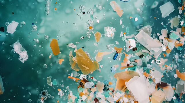 microplastics in the ocean. plastic pollution harming health.