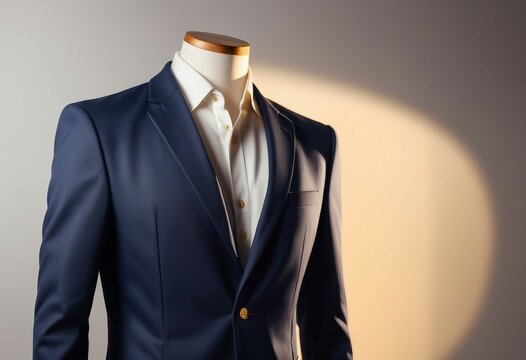 navy blue colored men's blazer jacket design example, on a lifeless mannequin
