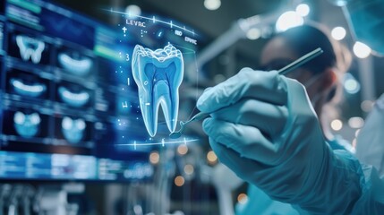 Dental research and development concept with digital hologram of tooth