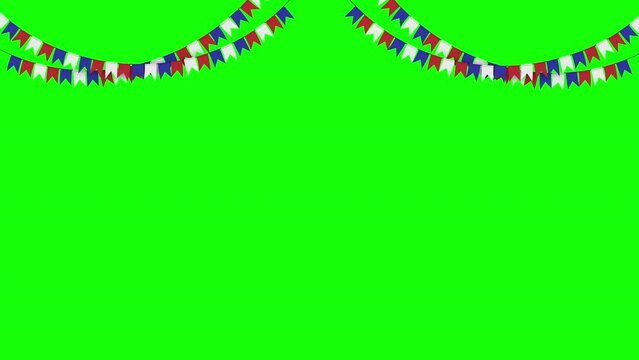 Flag lines of red, white, and blue triangle flags hanging from the top 60fps 4K animation with transparency Green Screen and Luma Matte (black and white mask)