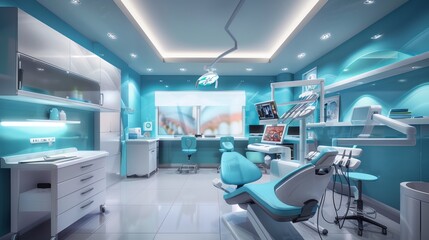3D rendering of the interior of a modern dental clinic featuring blue walls and dentistry equipment. 