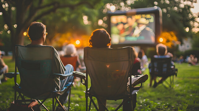 Community gathering in a park to watch an American classic movie under the stars. - Powered by Adobe