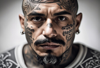 portrait of a tattooed Mexican drug trafficker, isolated white background
