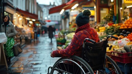 Person in wheelchair shopping at market on a rainy day. Street filled with fresh produce and vibrant colors. Inclusive urban environment.