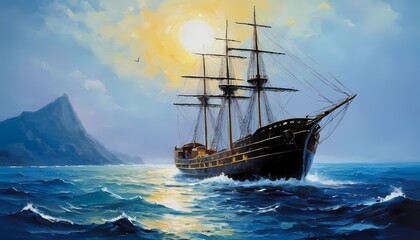 Ship, sea oil painting landscape generative AI illustration