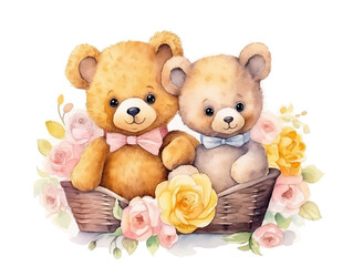 Cute couple watercolor teddy bears with balloon and flowers decoration vector illustrations for birthday party, kids book, sticker, fabric t-shirt, wall art, cover book