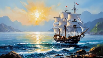 Ship, sea oil painting landscape generative AI illustration