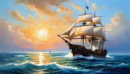 Fototapeta premium Ship, sea oil painting landscape generative AI illustration