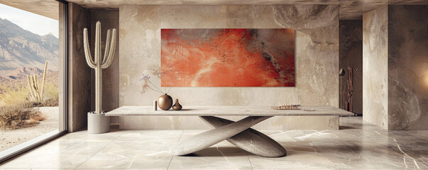 Modern minimalist interior with large marble table and abstract red painting. Cactus plant and panoramic window with desert view