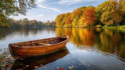 Wooden Boat on Serene Lake with Autumn Foliage under a Blue Sky