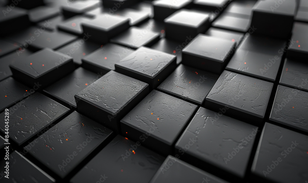 Poster abstract 3d rendering of black cubes pattern with texture and subtle glowing embers for modern backg