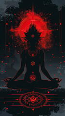 Silhouette of Person in Yoga Pose with Root Chakra Symbol, Spiritual Energy Meditation, Dark Background, Radiant Red Aura, Mystical Wellness, Inner Peace, Chakra Healing, Cosmic Consciousness Artwork