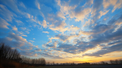 Bright Blue Sky with Puffy Clouds at Sunset