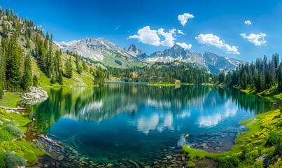 Serene Alpine Lake in Wasatch Mountains, Utah - Panoramic View of Crystal Clear Waters and Majestic Peaks on a Sunny Day