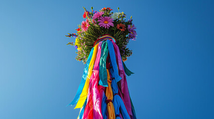 Vibrant Midsummer Maypole Adorned with Colorful Ribbons under a Blue Summer Sky
