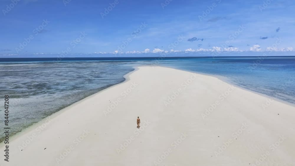 Wall mural aerial view of walking beautiful young woman on the sandbank in ocean, white sandy beach, blue sea,  - Wall murals