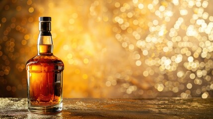 Scotch whiskey or brandy bottle, alcohol drink isolated on the table with luxury golden background and copy space