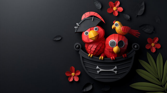 Three cartoon paper parrots, a pirate captain and two crew members, ride in a treasure chest against a black background.