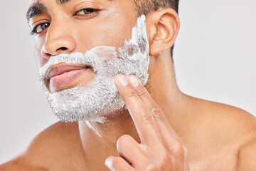 Grooming, man and shaving cream in portrait, routine and wellness in body care, hygiene and...