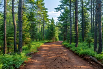 Fototapeta premium Winding Forest Path Through Tall Pine Trees on a Sunny Summer Day