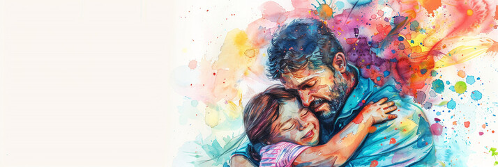 Dad hugging child, vibrant watercolor, happy family moment, perfect Father's Day card design, white background.