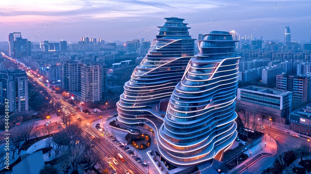Poster futuristic cityscape view featuring modern architecturally-advanced skyscrapers illuminated at dusk 